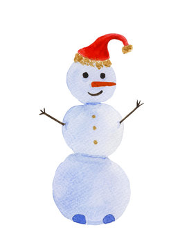 Snowman on a white background with a red cap and a carrot. Watercolor hand-drawn illustration. Great for New Year and Christmas cards and design