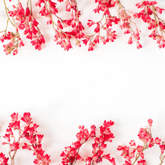 Red wildflowers on white background. Floral frame border with copy space mockup.