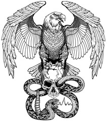 Eagle sitting on the human skull wrapped with snake. Angry dangerous rattlesnake. Black and white Tattoo or shirts design style vector illustration. Front view