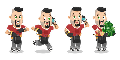Vector set with handsome barber in different mood and poses.