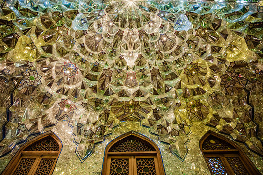 Mausoleum of Shah Cherakh - Mirror Mosque in Iran. Mirror mosaic on the dome and walls. Piece of art.