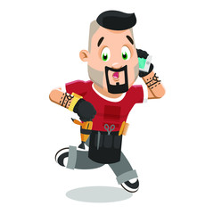 Athletic  well-groomed barber with tattoo running and speaking by phone.