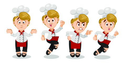 Vector set with different emotions and gestures of blond chef in cook cap and red apron.