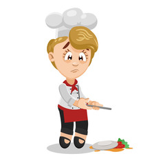 Blond cook, chef, kitchen hand standing upset. Vector illustration.