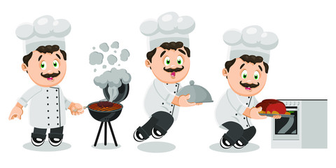 Vector set with mustached cook, chef in white uniform.