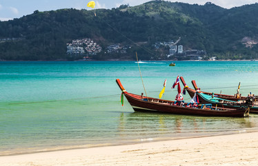 Naklejka na ściany i meble Thai wooden longtail boat travel Thailand Tourism