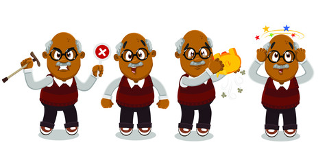 Vector set with afro-american elderly man in different mood and poses.