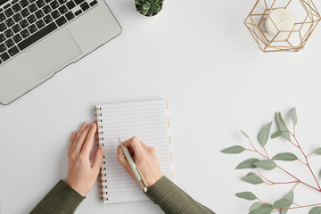 Hands of young businesswoman holding pen over blank page of notebook