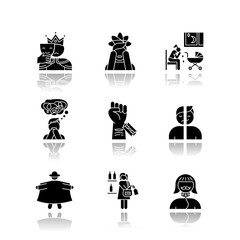 Mental disorder drop shadow black glyph icons set. Impostor. Anxiety. Postpartum depression. Personality disorder. Self-harm. Exhibitionism. Kleptomania. Fetishism. Isolated vector illustrations