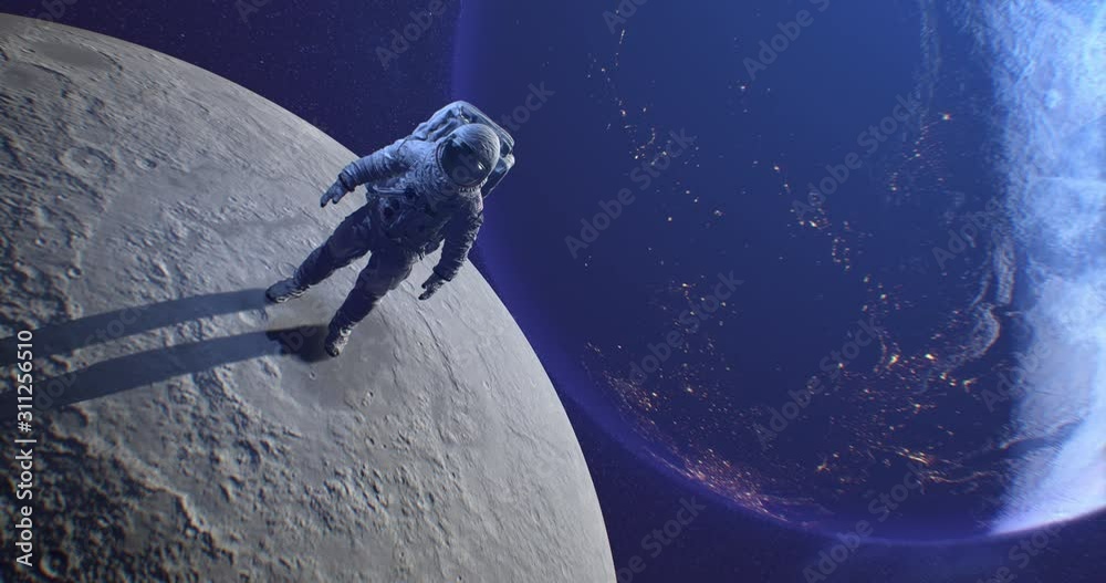 Sticker astronaut armstrong standing on moon surface in space with earth and sun on background