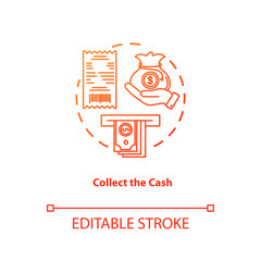 Collect cash red gradient concept icon. Money withdrawal idea thin line illustration. ATM transaction step. Bankomat. Cashpoint, cashline. Banking. Vector isolated outline drawing