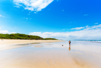 Woman on a sandy beach photographs a pelican, Galapagos Island, Isla Isabela.
