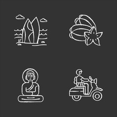 Indonesia chalk icons set. Tropical country seaside. Vacation in Indonesian islands. Exploring exotic traditions, culture. Unique fruits. Bali culture. Isolated vector chalkboard illustrations
