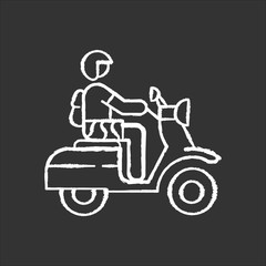 Motorbike chalk icon. Scooter driver in Bali. Crossing Indonesia by motorcycle. Scooter tropical island road trip. Transportation type in Indonesia. Isolated vector chalkboard illustration