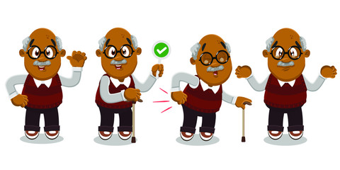 Vector set with different emotions and gestures of mustached bald aged man.