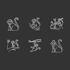 Monkeys in wild chalk icons set. Tropical country animals on trees. Exploring exotic Indonesian wildlife. Primate sitting. Visiting Balinese forest fauna. Isolated vector chalkboard illustrations