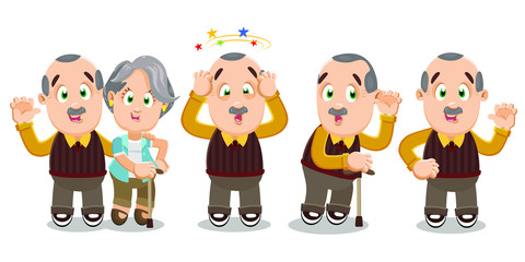 Different moments of typical day of silver haired elderly pensioners.