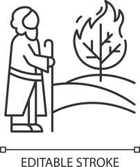 Moses and the burning bush Bible story linear icon. Prophet and tree in flame. Biblical narrative. Thin line illustration. Contour symbol. Vector isolated outline drawing. Editable stroke