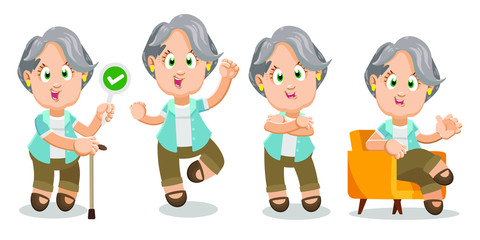 Vector set with different emotions and gestures of silver haired aged woman.