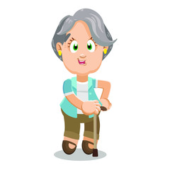 Silver haired aged woman in light blue blazer and brown trousers standing with walking stick.