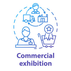 Commercial exhibition concept icon. International trading fair. Market display. Convention to purchase artwork. Museum promotion exposition idea thin line illustration. Vector isolated outline drawing