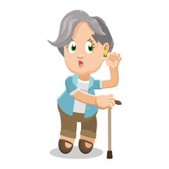 Silver haired aged woman standing putting hand to ear to hear better.