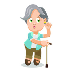 Silver haired aged woman standing putting hand to ear to hear better.