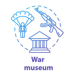 War museum concept icon. Military memorial. Imperial archives. Paratrooper and automated gun. Warfare history exhibition idea thin line illustration. Vector isolated outline drawing