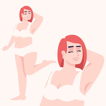 Woman dressed in two-piece swimsuit flat vector illustration. Body positive. Plus size figure. Excess weight. Caucasian smiling lady with red hair isolated cartoon character on white background