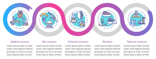 Exhibition and museum vector infographic template. Open-air exposition presentation design elements. Data visualization with five steps. Process timeline chart. Workflow layout with linear icons