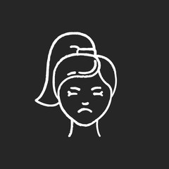 Migraine chalk icon. Girl with headache. Emotional expression on face. Sadness and low mood. Unhappy and worried woman. PMS symptome. Predmenstrual syndrome. Isolated vector chalkboard illustration