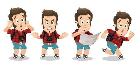 Vector set with brown haired young man in different mood and poses.