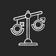 Hormone imbalance chalk icon. Female and male gender sign on scale. Unbalanced seesaw. Disbalance in testosterone and estrogen. Sexism and inequality. Sexology. Isolated vector chalkboard illustration