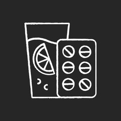 Vitamin intake chalk icon. Orange juice. Diet supplement. Citrus drink with vitamin C. Fruit beverage. Healthcare and nutrition. Multivitamin complex. Isolated vector chalkboard illustration