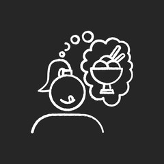 Ice cream craving chalk icon. Girl thinking of sweat dessert. Thought of frozen treat. Woman hungry for gelato. Summer refreshment. Appetite for sundae. Isolated vector chalkboard illustration