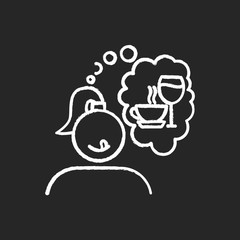 Alcohol and coffee craving chalk icon. Thirsty woman. Woman thinking of wine. Unhealthy eating habit. Thought of drinks. Girl desire for tea. Tasty beverage. Isolated vector chalkboard illustration