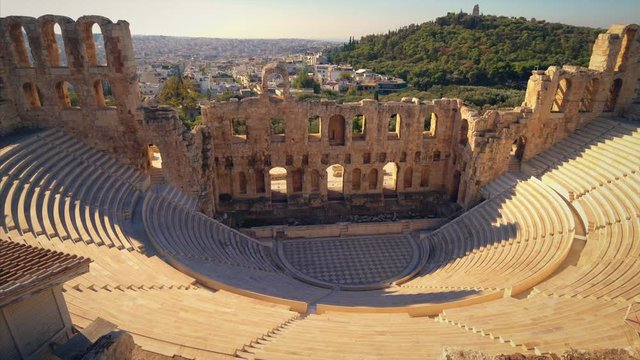 Theatre of Dionysus below the Acropolis in Athens, Greece is considered to be the worlds first theater aka Odeon of Herodes Atticus