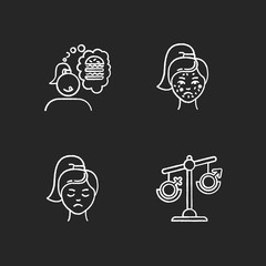 Predmenstrual syndrome chalk icons set. Food craving. Girl hungry for burger. Acne, pimple. Dermatology, cosmetology. Sadness and stress. Hormonal disbalance. Isolated vector chalkboard illustrations