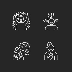 PMS symptoms chalk icons set. Emotional outburst. Irritability and stress. Poor concentration. Math problem solving. Chest pain. Attention deficit. Isolated vector chalkboard illustrations
