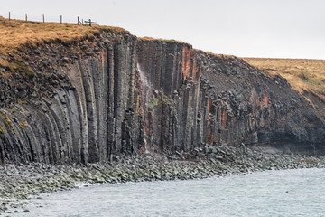 Volcanic rocks or basalt colums in the Kalfshamarsvik area in north western part of Iceland. Pattern, texture and design concept in the icelandic nature.