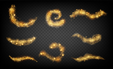 Sparkle stardust trail. Magic glittering dust waves, golden glowing star trails, Christmas shining light effects. Vector cosmic glittering wave.