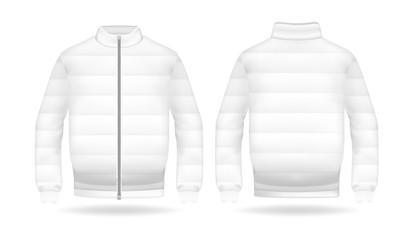 Realistic mockup of jacket or puffer coat. Men's and women's Jacket with long sleeves. Clothes in light, white colors. Template warm apparel with zipping. Front and back view