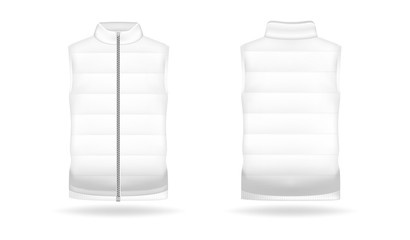 Realistic mockup of jacket or puffer waistcoat. Sleeveless men and women jacket. Clothes in light, white colors. Template warm apparel with zipping. Front and back view