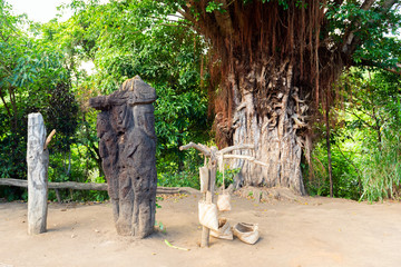 Stone statue in the village of Yakel, Tanna Island, Vanuatu. With selective focus.