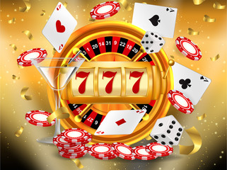 Winner banner with Golden slot machine wins the jackpot. Win congratulations vintage frame, golden congratulating framed sign with gold confetti. Winners of poker, cards, roulette and lottery.