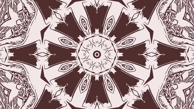 Abstract animated background with mandala ornament. 4K geometric fractal with sepia color. Kaleidoscope pattern. 