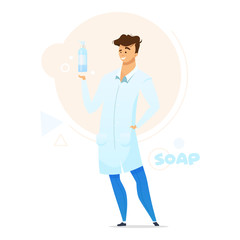Liquid soap manufacturing flat color vector illustration. Young male caucasian chemist. Soapmaking. Cosmetics manufacturer in coat. Isolated cartoon character on white background