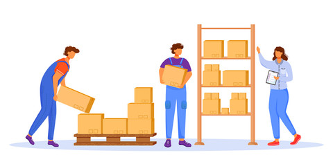 Post office male workers and loaders flat color vector illustration. Man distributes packages. Post service delivery. Boxes and parcels transportation isolated cartoon character on white background