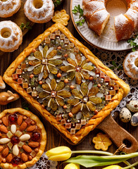 Mazurek pastry, traditional Polish Easter cake made of shortcrust pastry,  chocolate cream, candied...