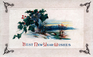 Vintage Postcard, Antique Greeting card, Best New YEars Wishes floral house in rural snow setting.